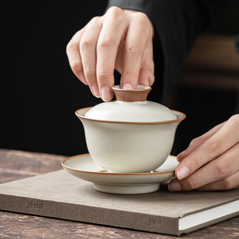 米黄汝窑可悬停三才盖碗陶瓷单个不烫手碗杯泡茶家用功夫茶具