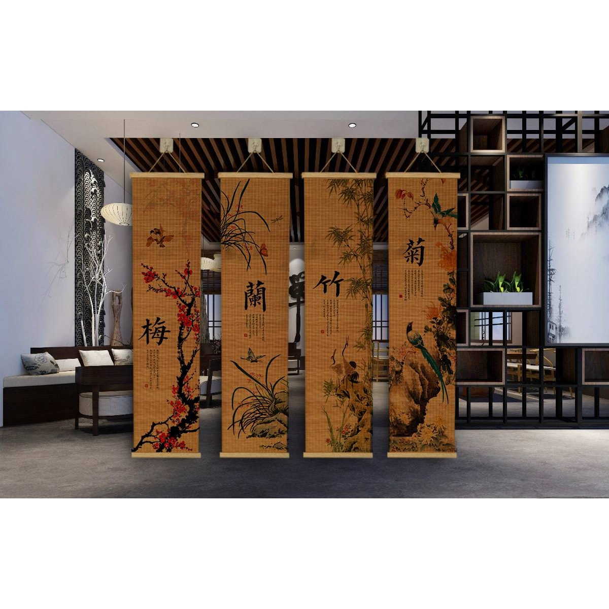 梅兰竹菊挂画国画花草竹卷挂帘新中式竹挂画梅花菊花竹子兰花挂画