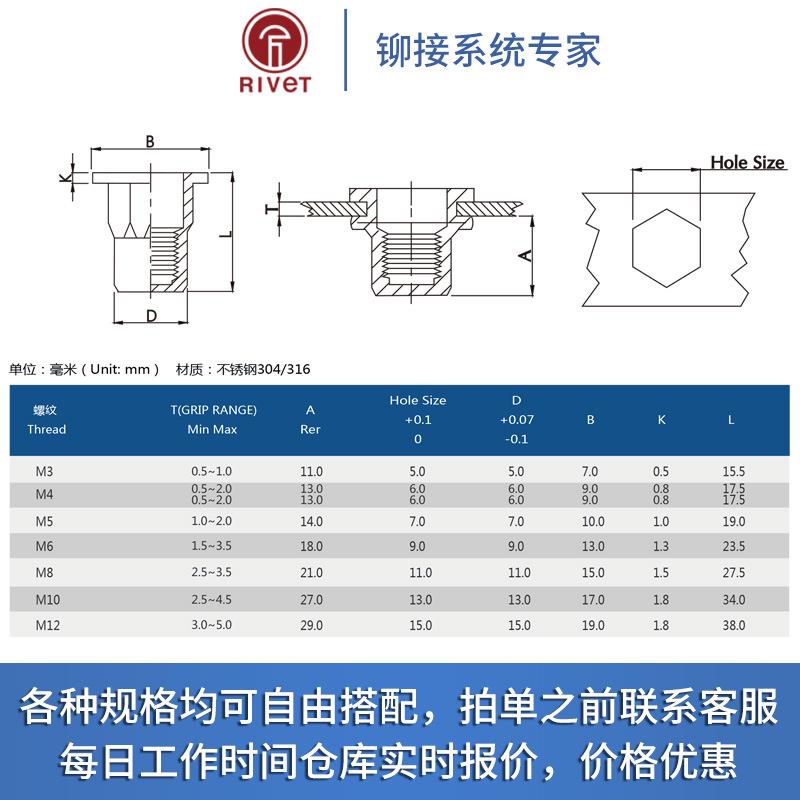 固达不锈钢半六角大边盲孔铆螺母M4M5M6M8M10500只起订