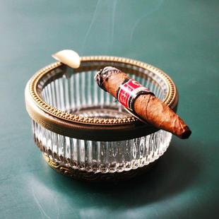 轻奢古典复古黄铜配玻璃圆形小雪茄烟灰缸烟缸桌面家用 女士时尚