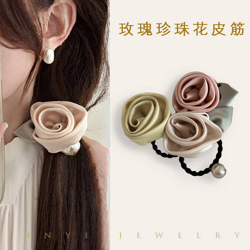 法式真丝玫瑰花珍珠发圈森系仙美女高级感网红扎马尾绑头发绳