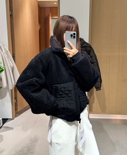 金智秀同款加厚拼接羊羔绒保暖飞行员夹克短外套女立领