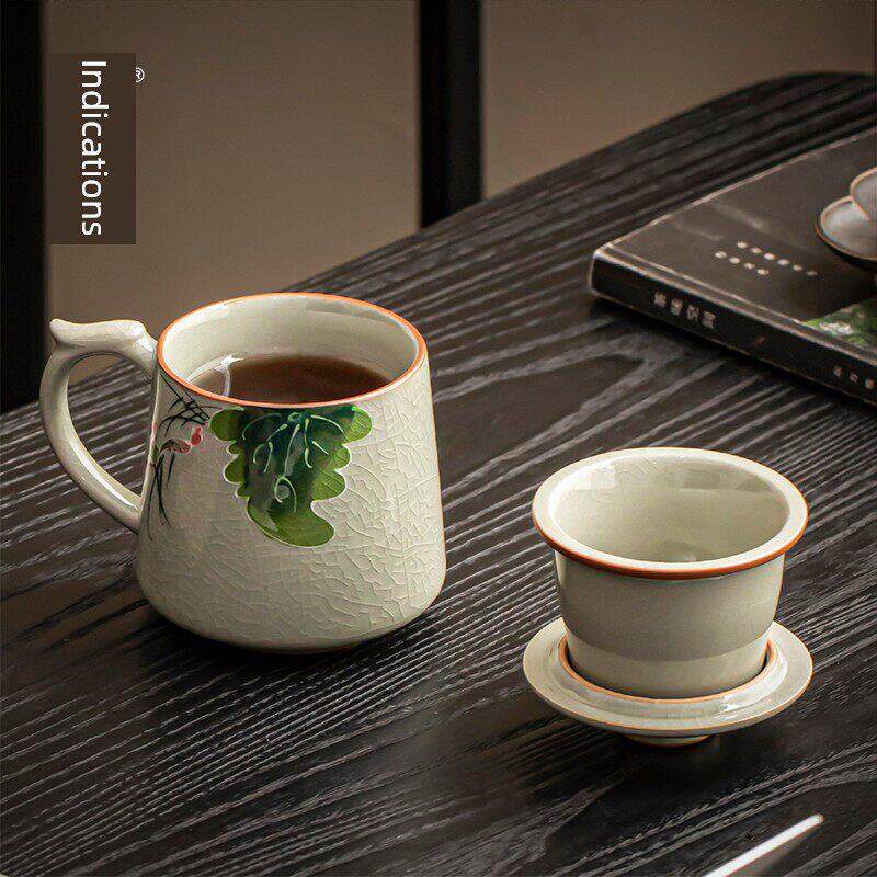 兮元记哥窑手绘过滤茶杯陶瓷茶水分离杯釉下彩办公室带盖泡茶杯子