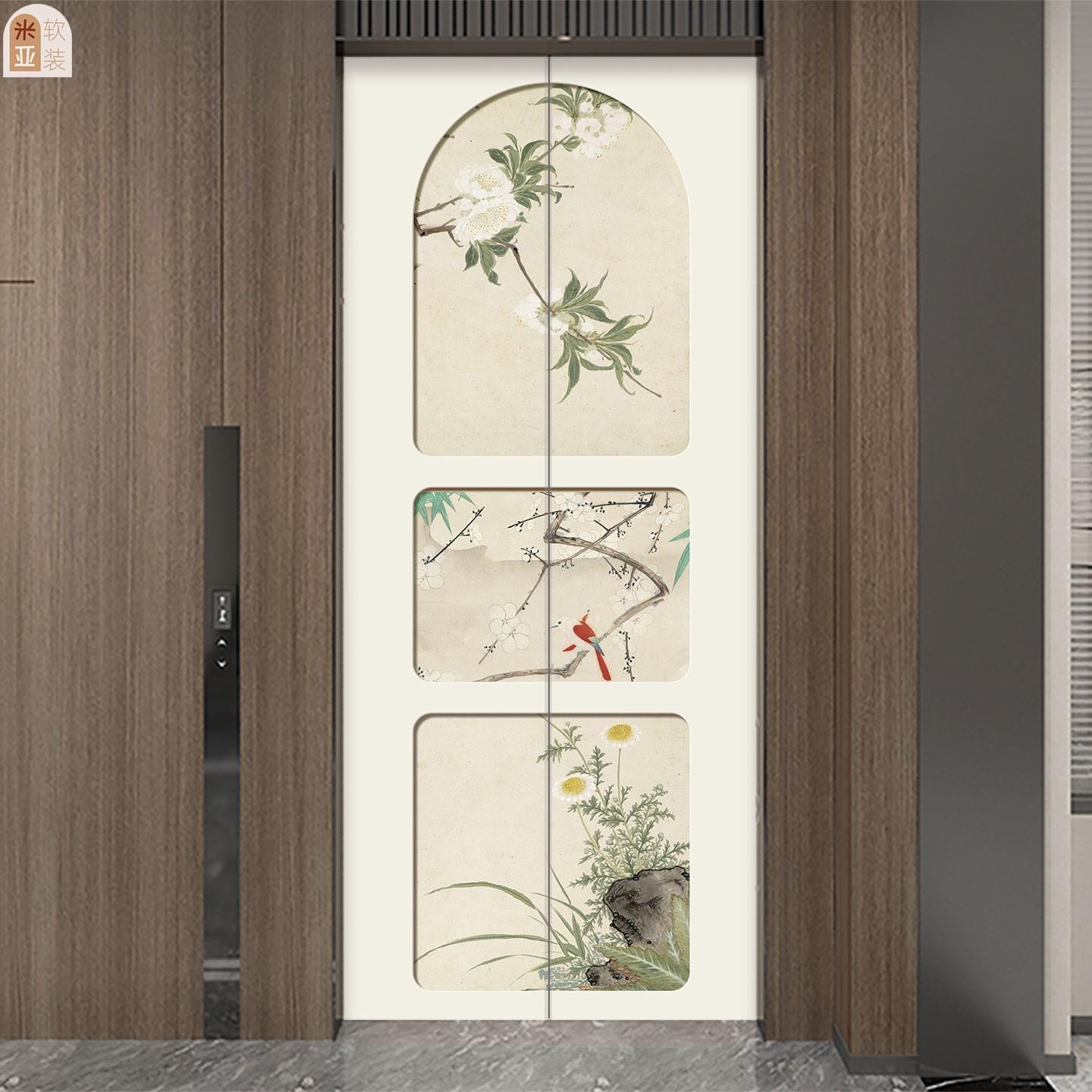 新中式花鸟电梯门一梯一入户门口装饰布置贴纸高级感遮丑贴画定制