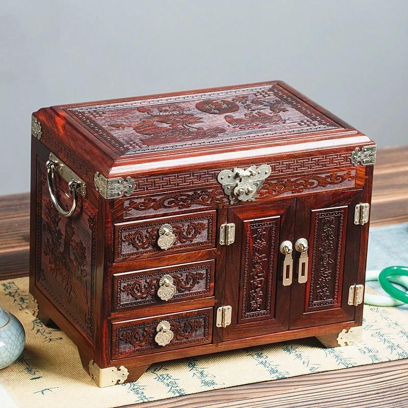 红木大红酸枝首饰盒实木带锁珠宝箱中式复古结婚收纳盒榫卯工艺百