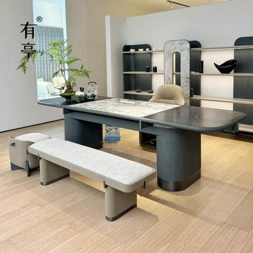 有亭新中式实木岩板茶桌北美黑胡桃木泡茶台现代简约新款定制家具