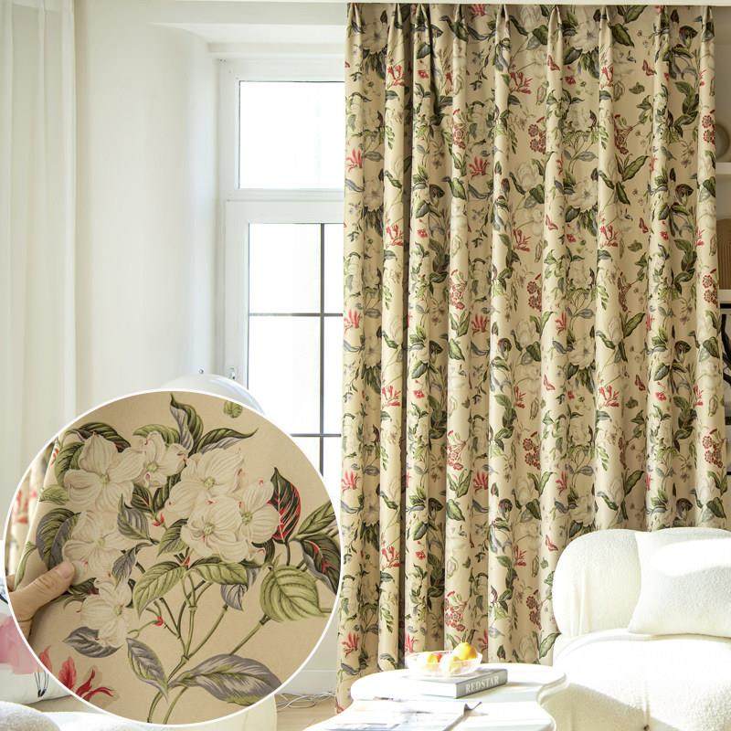 新中式田园高遮光印花客厅落地窗帘成品卧室飘窗定制简约遮阳布帘,居家布艺,定制窗帘,淘宝优惠券,粉丝福利购,淘宝优惠卷
