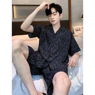 睡衣男夏季冰丝睡衣短袖短裤薄款男士男生夏天黑色家居服大码套装