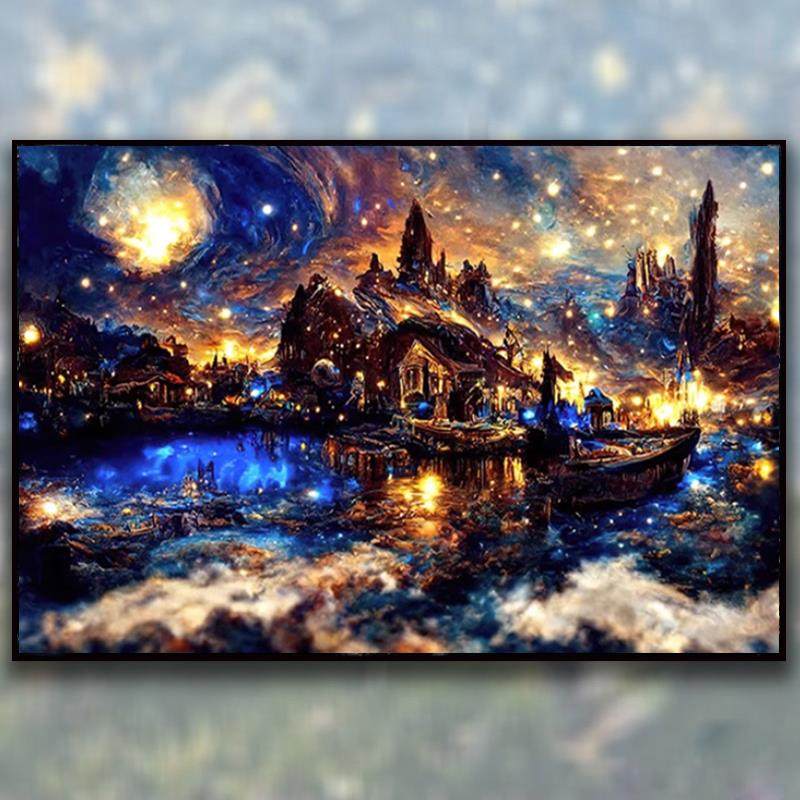 梵高星空下霍格沃兹城堡钻石画 画满钻新款儿童黏钻十字绣砖石贴