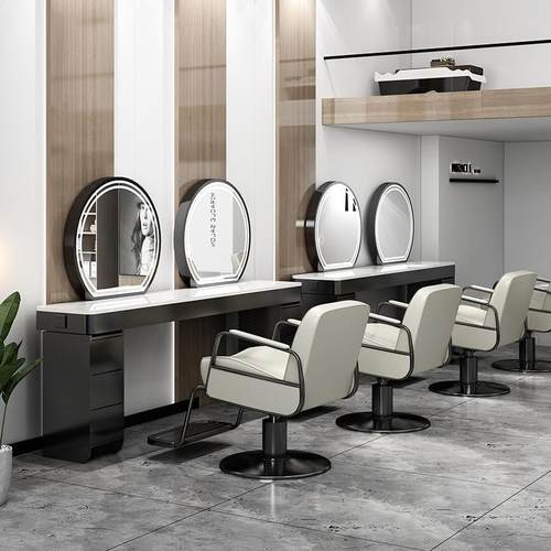 网红美发店烫染镜台发廊专用不锈钢带柜美发镜理发店带灯双面镜子