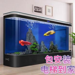 2025双圆形弧形大型玻璃靠墙落地一体式 客厅免换水 鱼缸高端落地式