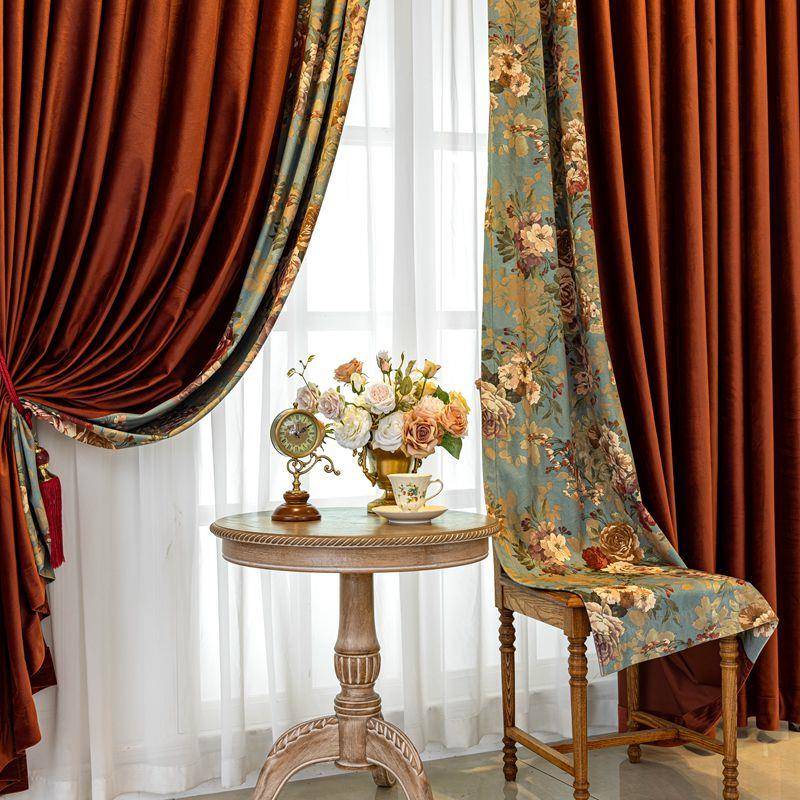 新款美式复古风红色客厅卧室窗帘拼接丝绒布遮光纯色喜庆高档大气