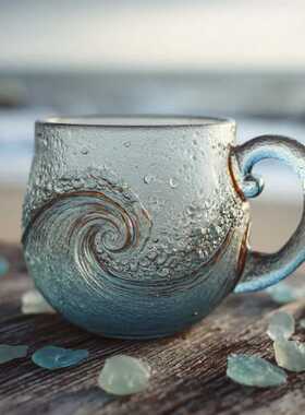 Handcrafted Ocean Wave Glass Mug  手工制作的海浪玻璃杯