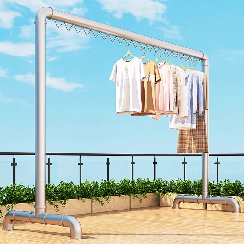 落地阳台钢管晾衣架家用室内户外挂晒衣服单杆带防风条水管凉衣架