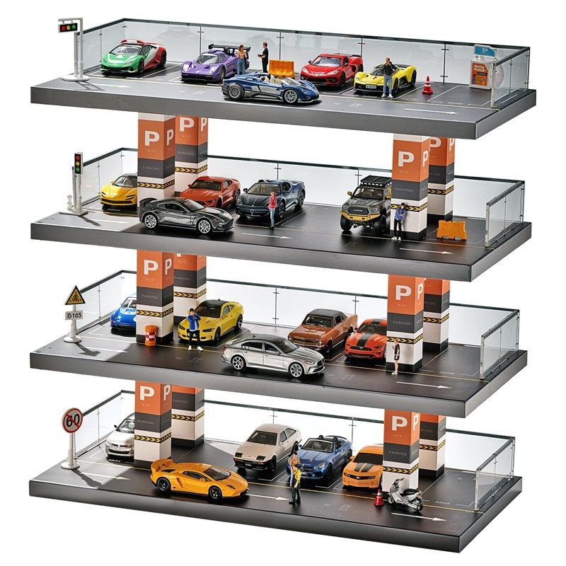 1/64b实木仿真停车场 多层车库合金汽车模型车位收纳架亚克力展示