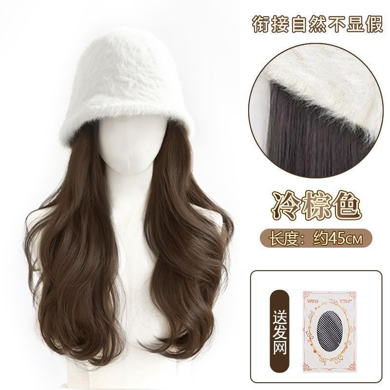 兔毛帽子一体女2025百搭新款秋冬渔夫H帽仿真自然微卷大波浪全头