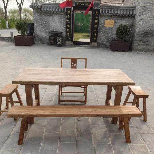 简约大板餐桌老榆木茶桌台桌复古怀旧原木办公桌书桌椅家用