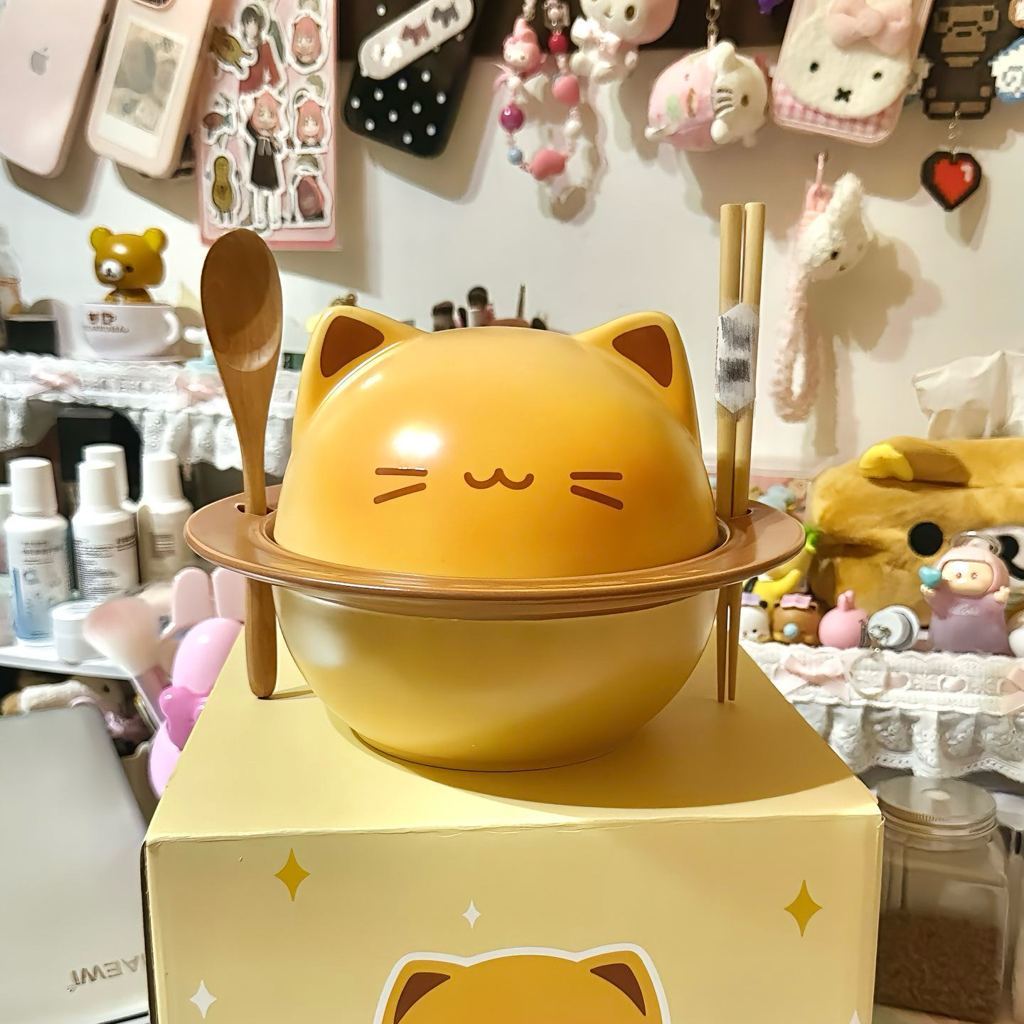 可爱猫咪带盖双耳碗杯碟餐具家用送礼创意卡通烤面包小猫泡面碗