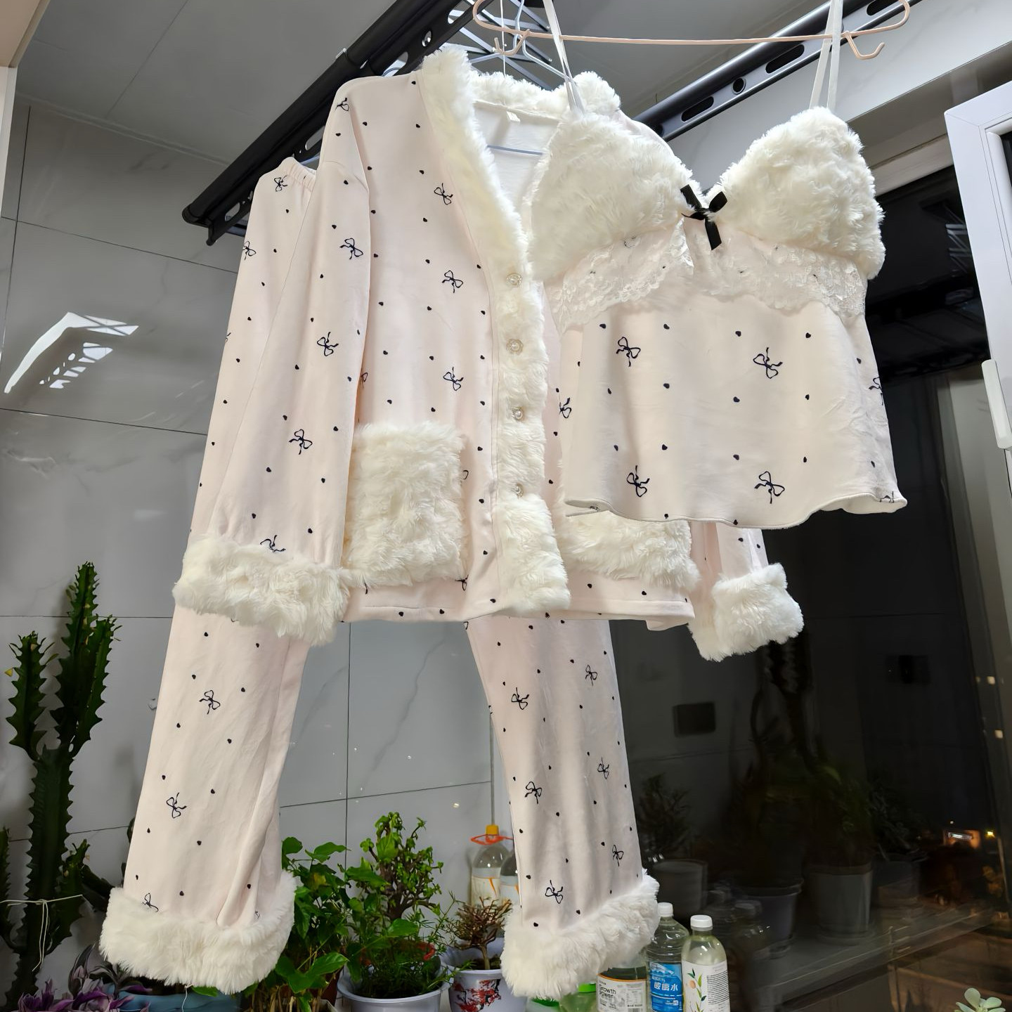 性感纯欲风冬季款睡衣三件套V领睡衣/家居服套装
