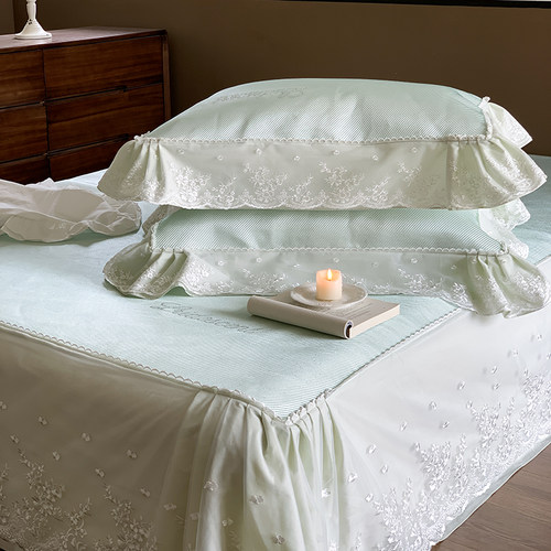 夏季公主风冰丝凉席三件套少女心蕾丝花边可水洗床裙款空调软席