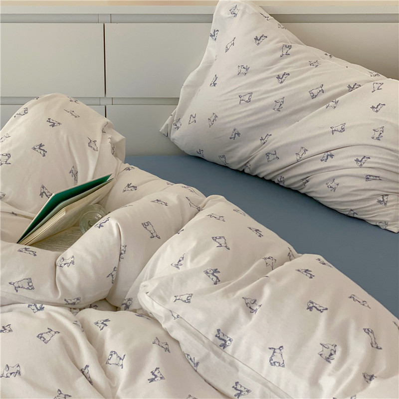 A类婴幼儿天竺棉四件套卡通兔子床上用品公主风床笠款针织棉4件套