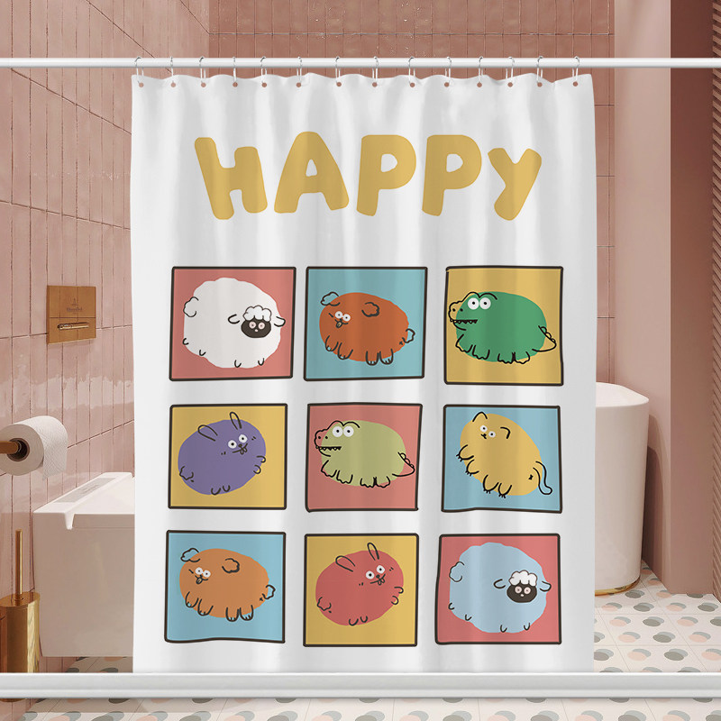 简约卡通磁性浴帘套装加厚涤纶防水布浴室布帘卫生间厨房隔断挂帘