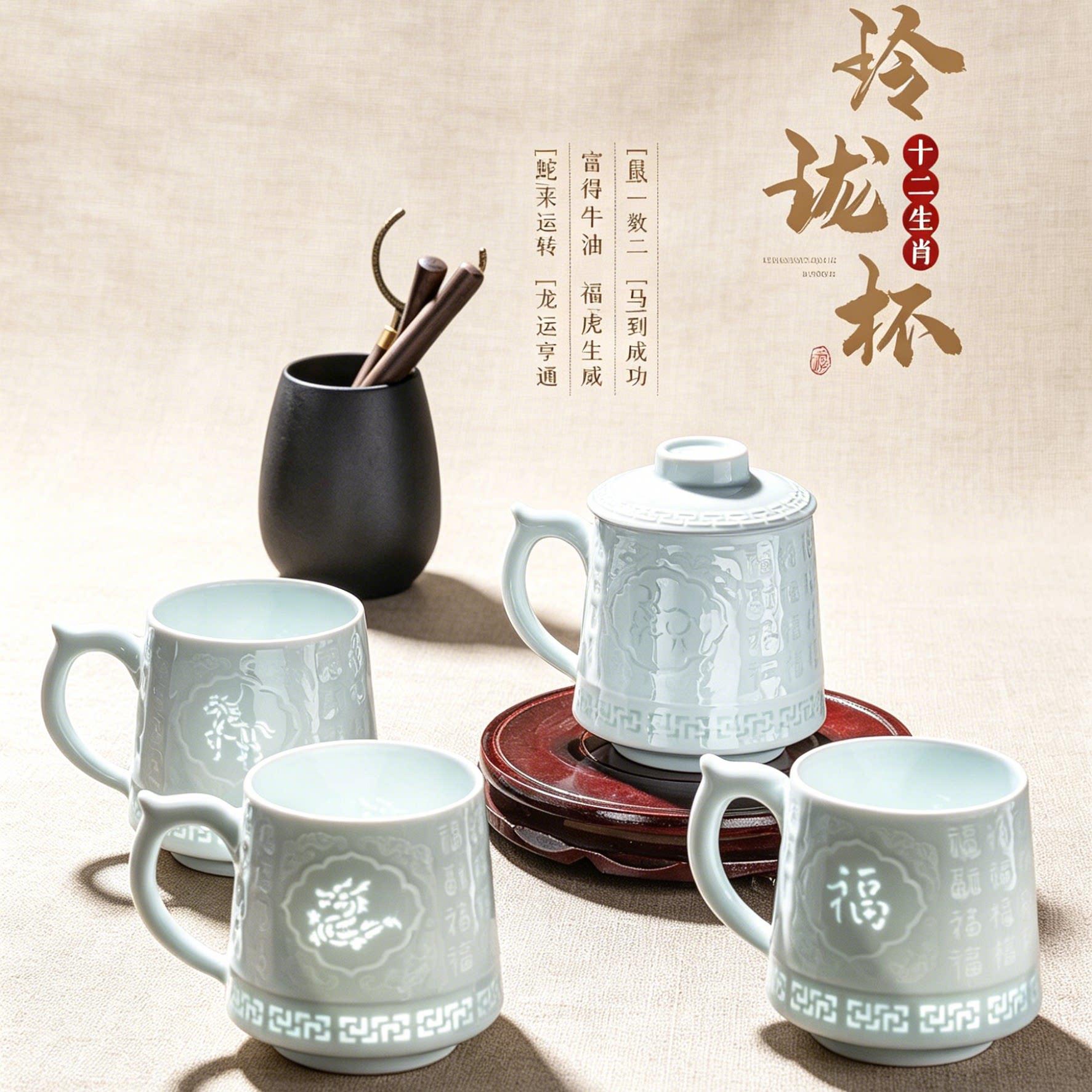 景德镇陶瓷茶杯影青釉玲珑杯过滤杯家用泡茶商务礼品杯水杯生肖杯