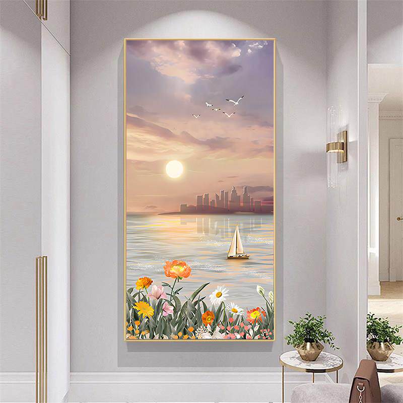 一帆风顺玄关装饰画温馨风景走廊入户挂画北欧花卉客厅背景墙壁画