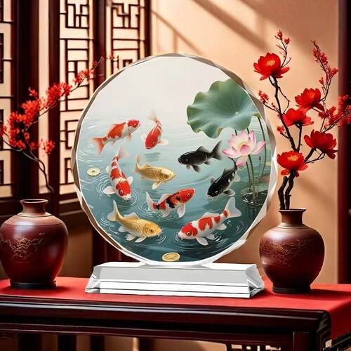 九鱼图水晶画摆件牡丹荷花九鱼聚财家居客厅办公室桌面装饰品摆件