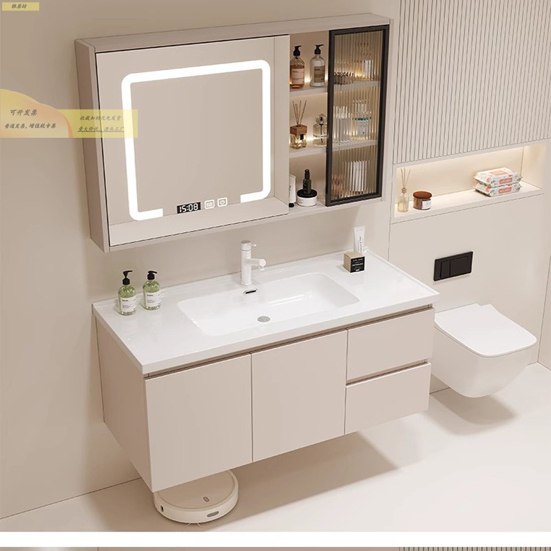 浴室柜实木陶瓷一体盆新款简约卫生间组合智能洗脸洗漱台镜柜套装