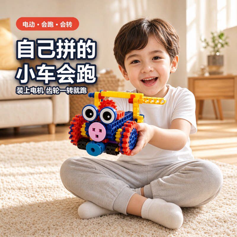 儿童积木拼装玩具电动会跑小车男女孩益智拼插积木