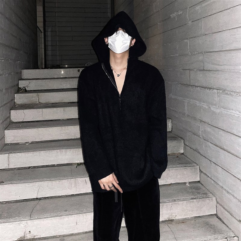 韩版连帽毛衣男宽松r半拉链设计慵懒风卫衣针织衫外套