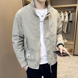 时尚 春夏秋季 v薄款 新款 帅气百搭纯色外套上衣服男潮 立领夹克男士