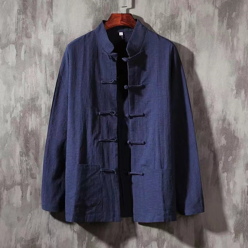 亚麻衬衫唐装男中国风男装民国中山装汉J服新中式茶服长衫马褂外