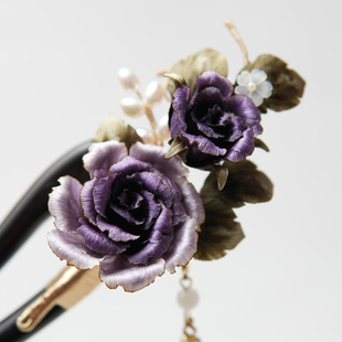 非遗绒花发簪烧边玫瑰发饰中国风流苏发钗头饰复古新中式檀木簪子