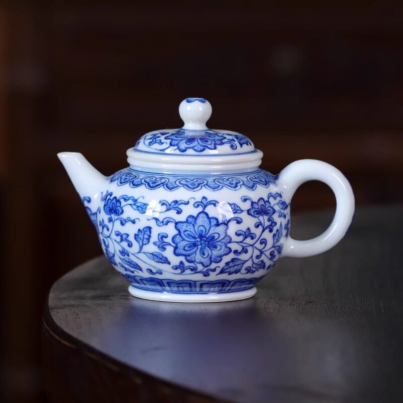 记石柴窑 陶瓷茶壶泡茶家用 手绘青花瓷点工缠枝莲景德镇高档茶具