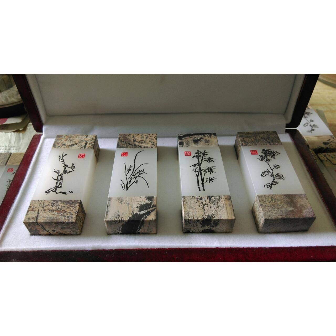 阿富汗玉OSC印章套装梅兰竹菊阿印富,汗白玉章套,发布装,厂价