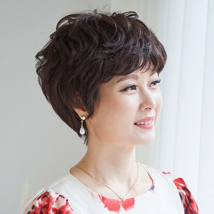 假发女短发 真发自然蓬松饱w满松短卷发 中老年妈妈整体全头假发