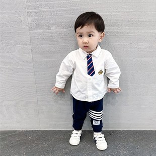 男童衬衫 衣 2024春秋新款 儿童领带学院风上衣宝宝休闲R翻领Polo衫