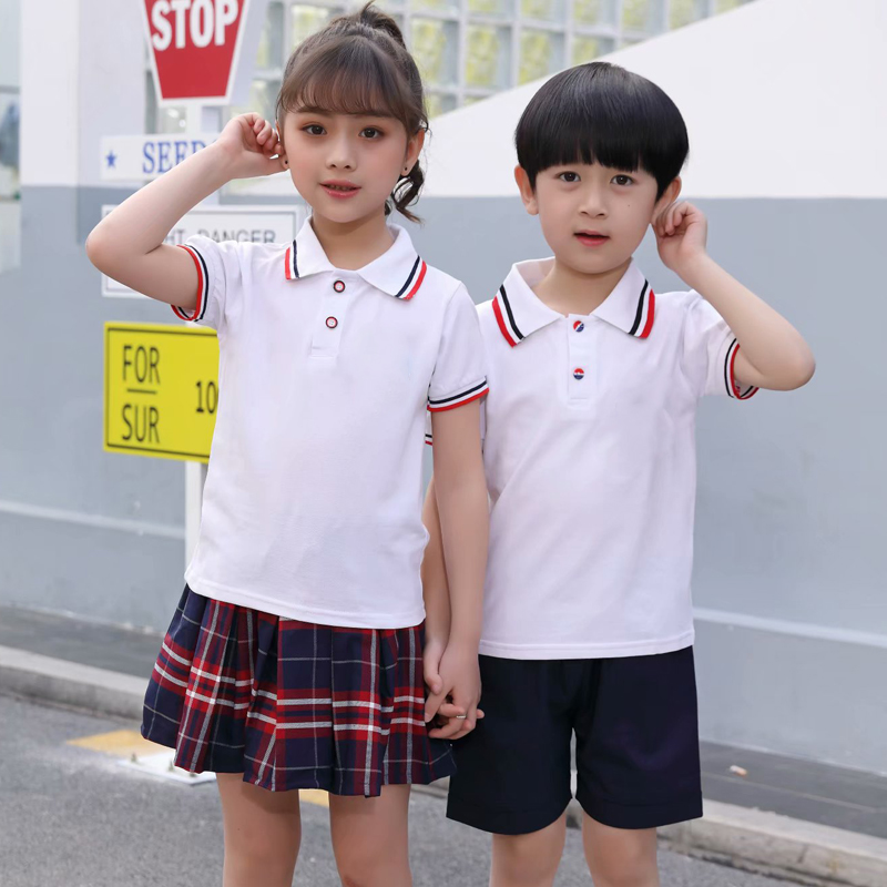 儿童短袖t恤男夏装打底POLO衫女童男童白色校服体.恤条纹带领