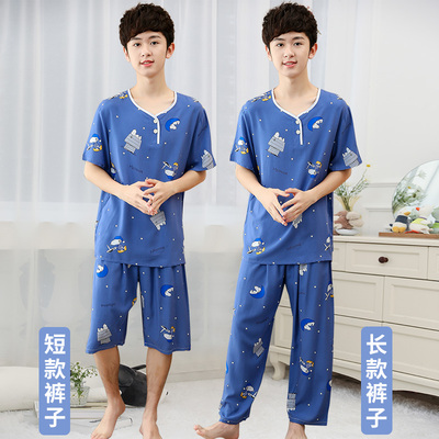 青少年睡衣套装夏季薄款男大童A棉绸空调初中生大码短袖家居服