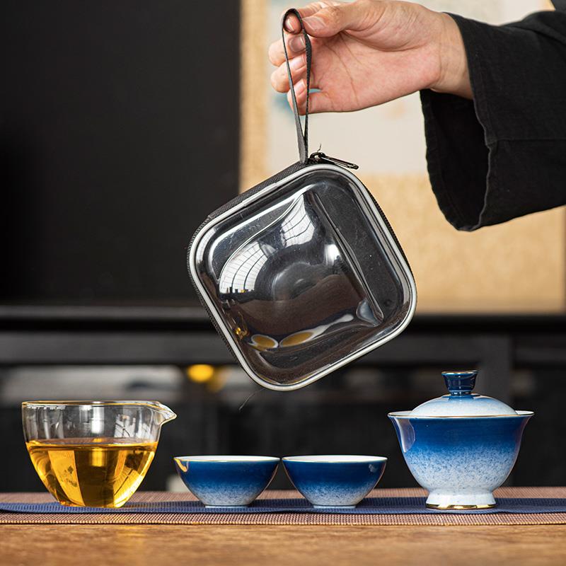 渐层玉瓷快客杯一壶二杯户外露营茶具套组喝茶陶瓷可携式旅行茶杯