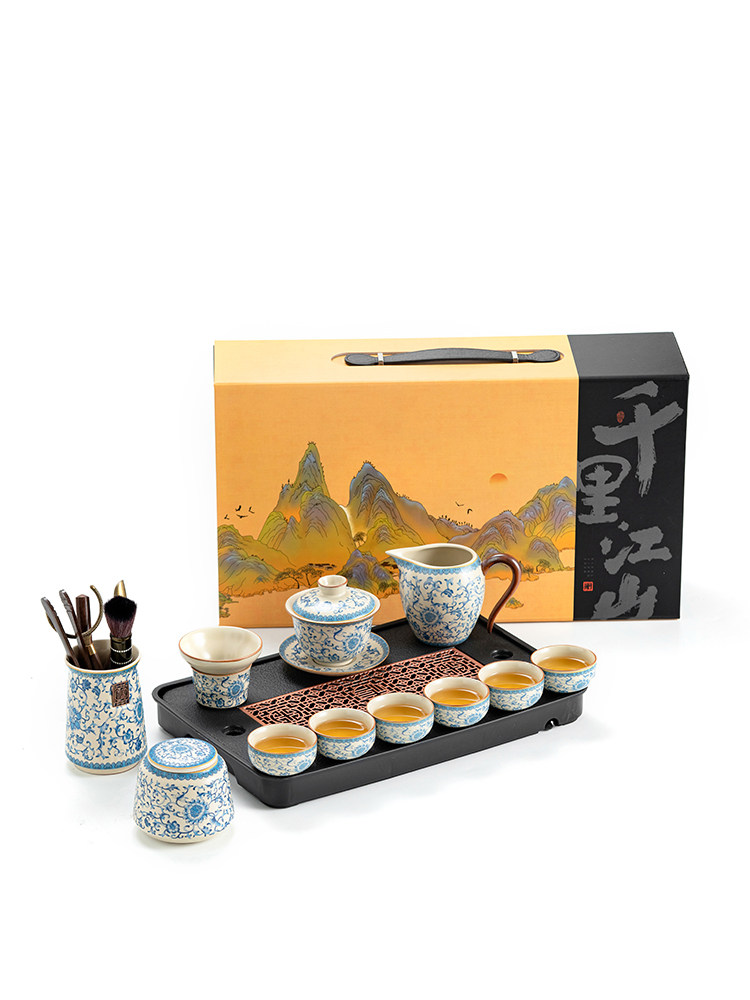 青花汝窑茶具套装礼盒2025新款家用陶瓷茶壶茶杯轻奢整套功夫茶具