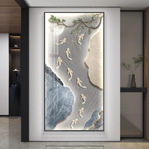 九鱼聚财led带灯轻奢入户玄关装饰画简约现代挂画走廊过道壁画