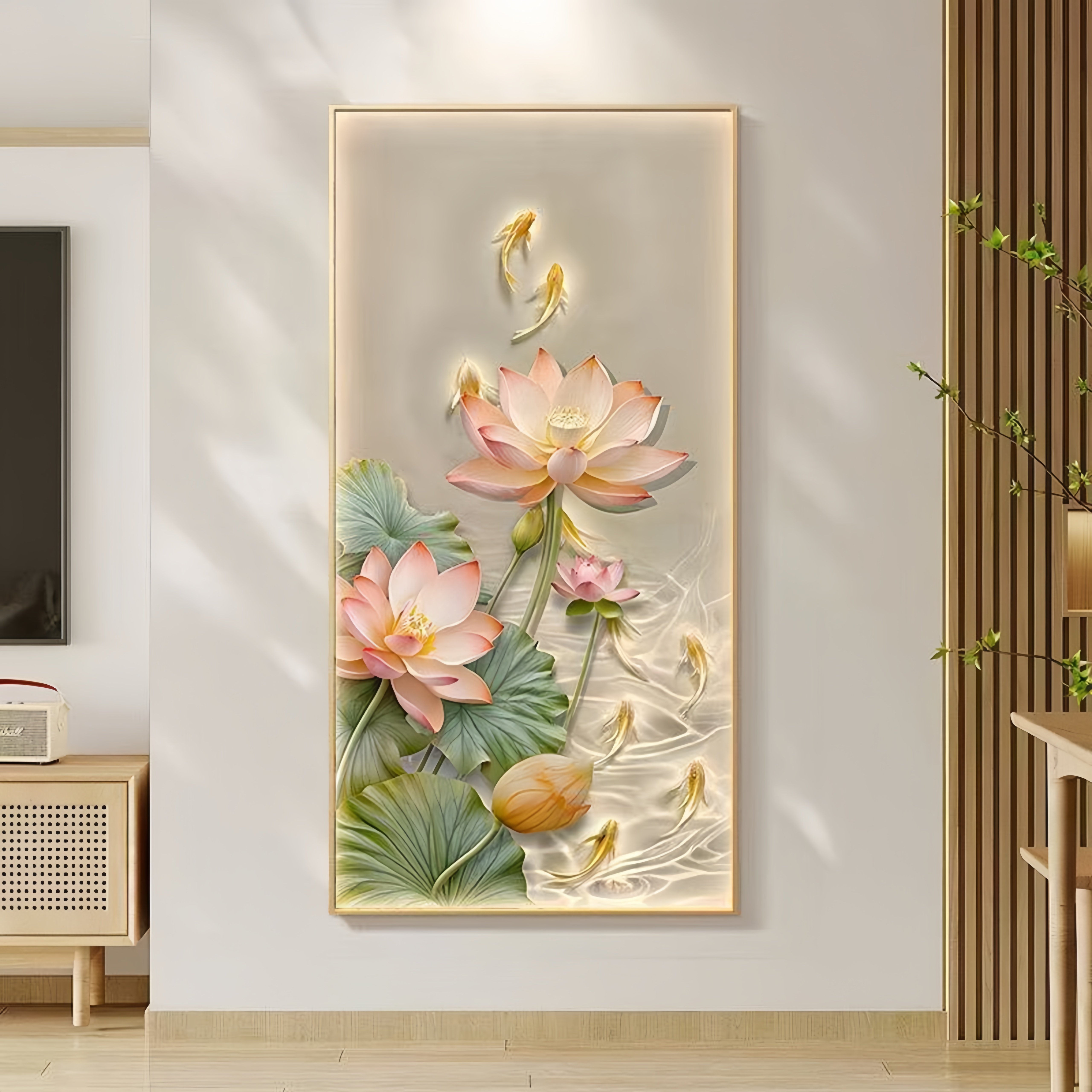 荷花九鱼图LED带灯画入户玄关装饰画走廊过道正对门壁画客厅挂画图片