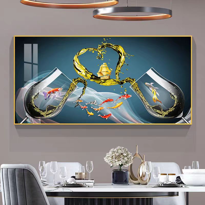 九鱼图餐厅装饰画轻奢现代简约饭厅酒杯壁画餐桌背景墙挂画高级感图片