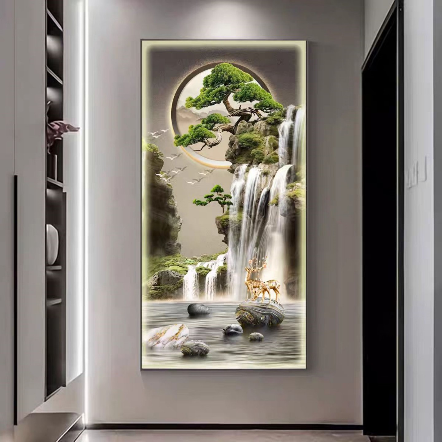 九鱼聚财现代镶钻晶瓷发光入户玄关装饰画走廊挂画过道客厅壁画