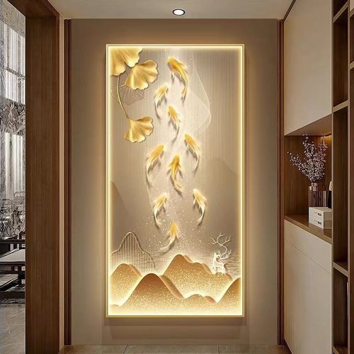 九鱼聚财轻奢高级感入户玄关装饰画正对门走廊过道灯画LED大白墙
