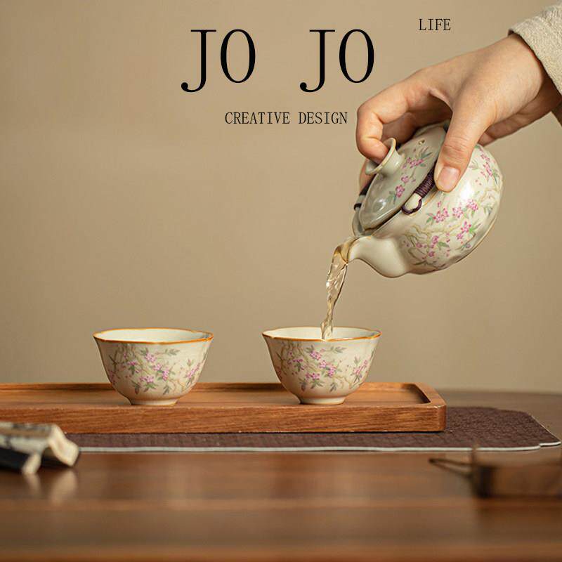 JOJO茶具米黄汝窑一壶二四杯防烫泡茶碗手抓壶盖碗女士功夫茶具