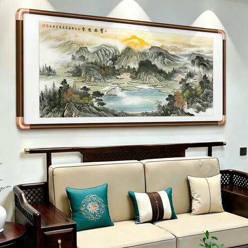 聚宝盆山水画客厅挂画西墙聚财新中式沙发背景墙装饰画办公室壁画